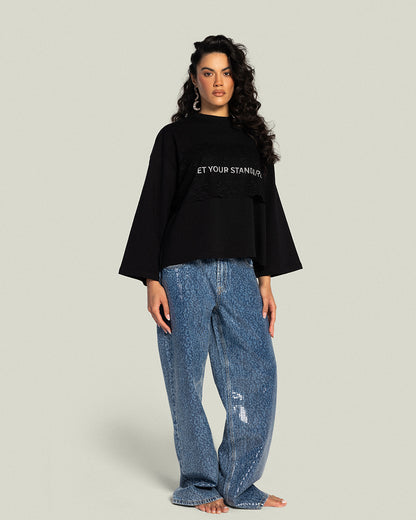 The Cropped Dentelle  T-shirt - Noir