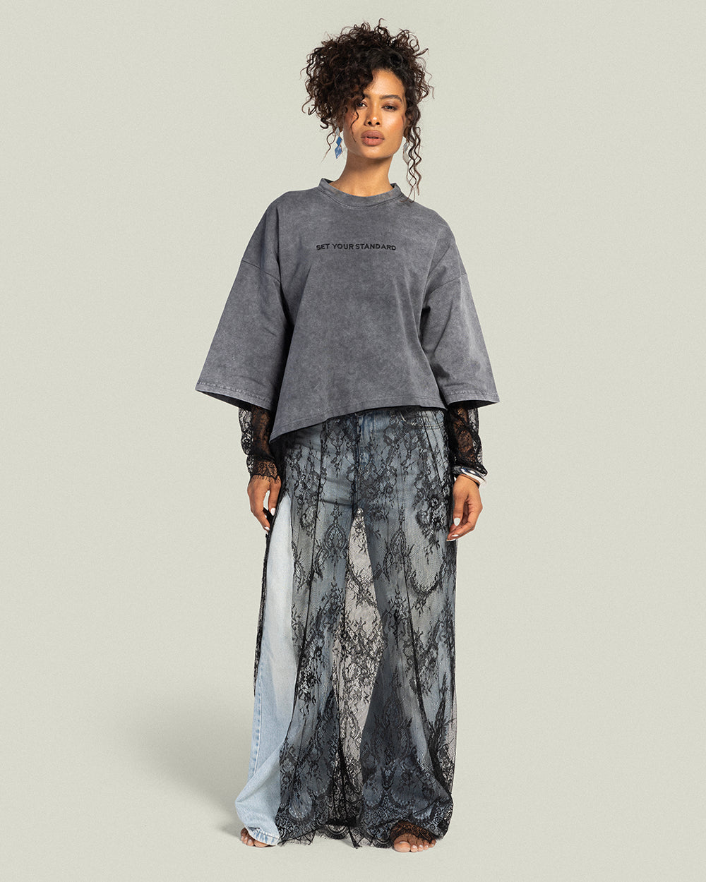 Asymmetrical Dentelle T-shirt -Washed Gray