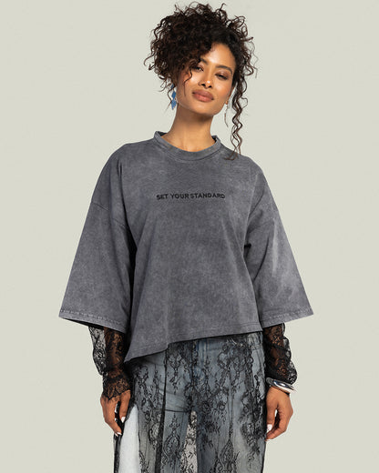 Asymmetrical Dentelle T-shirt -Washed Gray