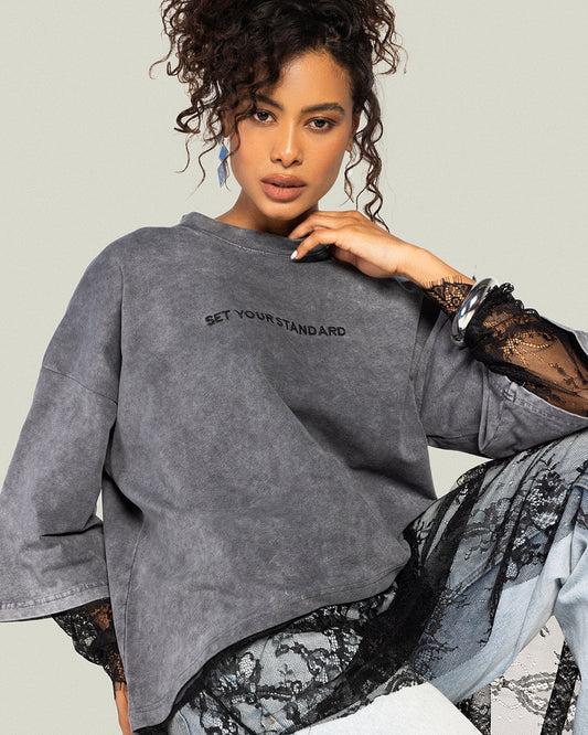 Asymmetrical Dentelle T-shirt -Washed Gray